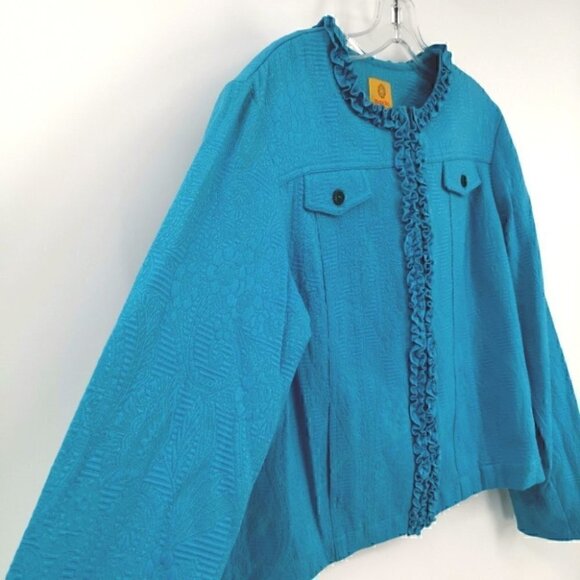 Ruby Rd Women's 12 Teal Ruffled Long Sleeve Jacket - Picture 3 of 16